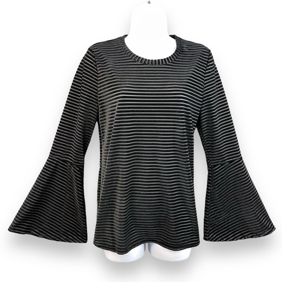 Michael Kors Women's Blouse Size Medium Black and Gray Striped Bell Sleeve - Picture 1 of 11
